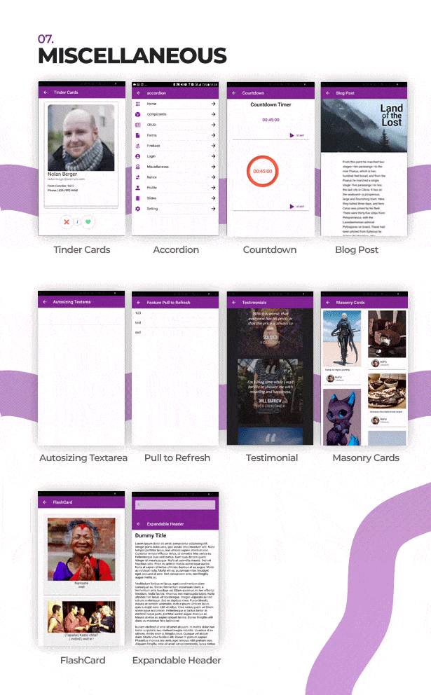 New 9 UI Templates (Autosizing Textarea, Blog Post, Countdown, Expandable Header, Flash Card, Masonry Cards, Testimonials, Timeline, Tinder Cards)