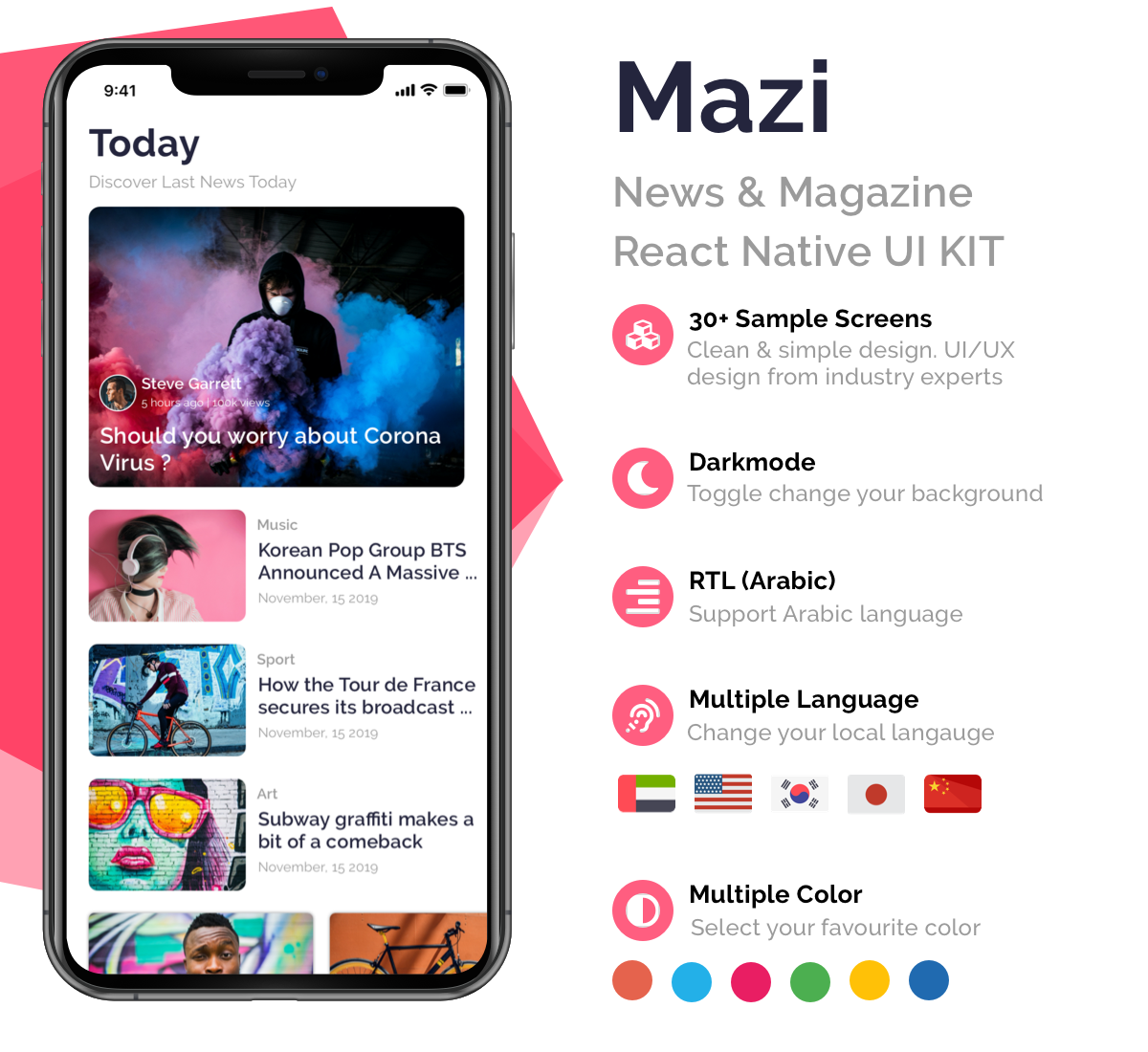 Mazi - News & Magazine for React Native mobile template - 1