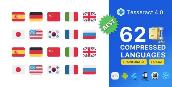 62 Super Compressed Tesseract 4.0 OCR languages pack React native  Mobile App template