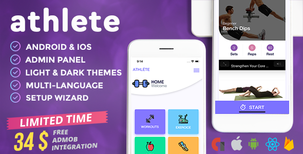 Athlete - Fitness & Workout Mobile App for iOS and Android with Admin Panel, Languages & Themes icon
