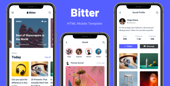 Bitter - HTML Mobile Template  Social &amp; Dating Design Uikit