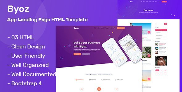 Byoz - App Landing Page HTML Template  Ecommerce Design App template