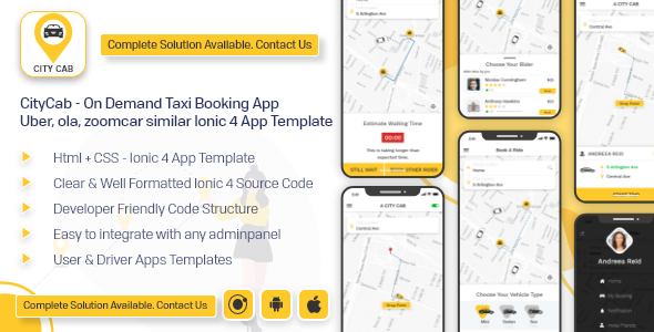 CityCab - On Demand Taxi Booking App - Uber, ola, zoomcar similar app ionic 4 template android ios icon