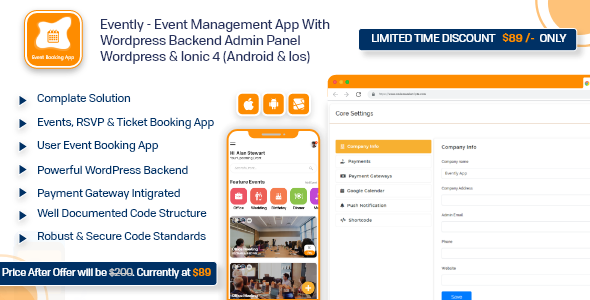 Evently - Event Calendar Mobile App Full Working Solution With WordPress Backend like Eventon Ionic Events &amp; Charity Mobile App template
