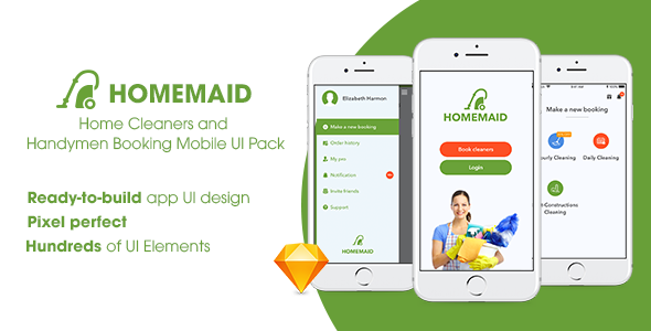 HomeMaid - Home Cleaners and Handymen Booking Mobile UI Pack  Travel Booking &amp; Rent Design 