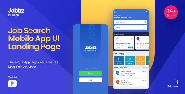 Jobizz Mobile App and Landing Page | An Online Job Search Figma Template   Design App template