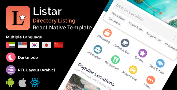 Listar - mobile React Native directory listing app template React native Ecommerce Mobile App template