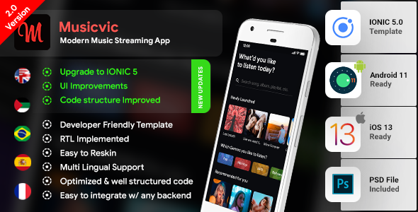 Music Android App Template + Music iOS App Template| Songs App| Streaming App| IONIC 5 | Musicvic icon