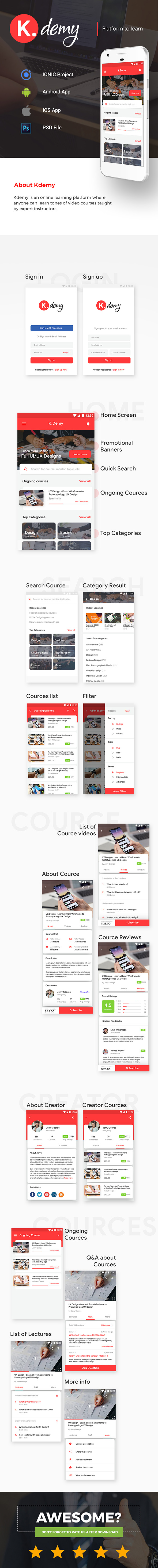 Online Learning Android App + iOS App Template | HTML + Css IONIC 3 | Kdemy - 2