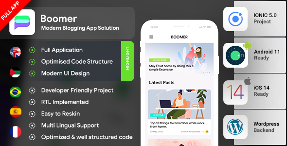 Blog Android App + Blog iOS App IONIC 5 Full Application | Boomer icon