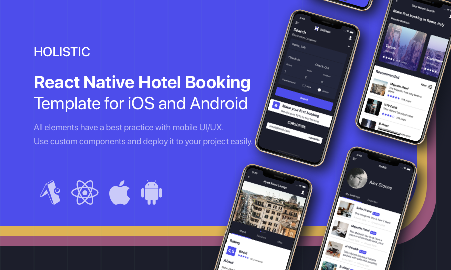 Holistic – React Native Hotel Booking template for iOS and Android
