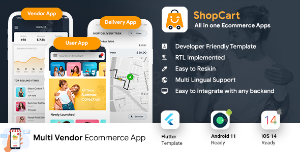 NEW eCommerce Flutter App Template | 3 Apps | User App + Vendor App + Delivery App | ShopCart icon