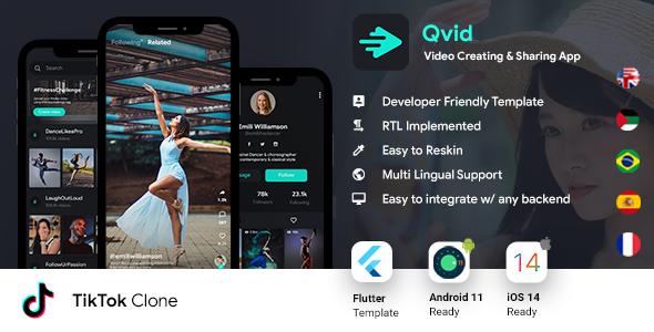 TikTok| Video Creating Android App + Video Creating iOS App Template | Flutter | Qvid icon
