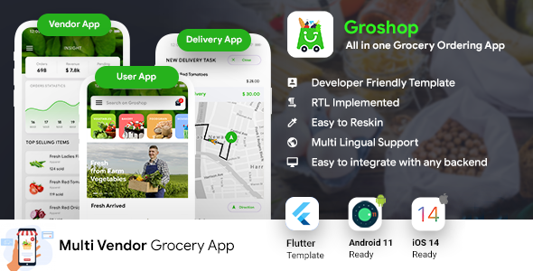 Grocery Flutter App Template | 3 Apps | User App + Seller App + Delivery App | GroShop icon