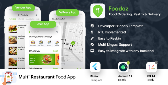 Multi Restaurant Food Ordering App | Food Delivery App | 3 Apps | Android + iOS App Template| Flutte icon