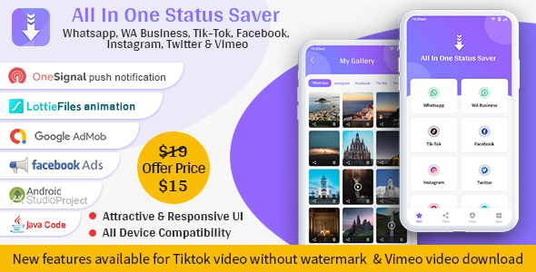 All In One Status Saver - Whatsapp, Whatsapp Business, Facebook, Instagram, TikTok, Twitter, Vimeo Android Chat &amp; Messaging Mobile App template