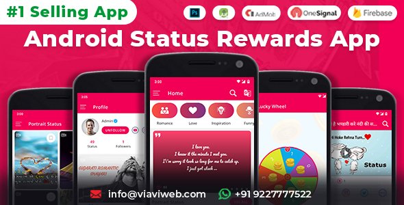 Android Status App With Reward Point (Lucky Wheel, WA Status Saver, Video, GIF, Quotes & Image) Android Chat &amp; Messaging Mobile App template