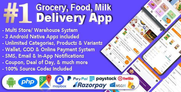 Grocery and Vegetable Delivery Android App with Admin Panel | Multi-Store with 3 Apps Android Food &amp; Goods Delivery Mobile App template