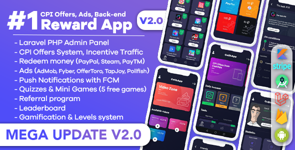 Premium Rewards App - CPI Offers System & Rewards App & HTML5 Mini Games + PHP Laravel Admin Panel