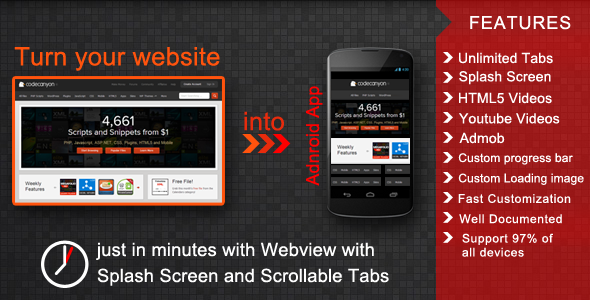 Webview with Splash Screen and Scrollable Tabs Android Multipurpose Mobile App template