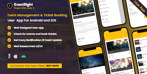 User App - Ticket Sales and Event Booking &amp; Management System Event Right Ionic  Mobile App template