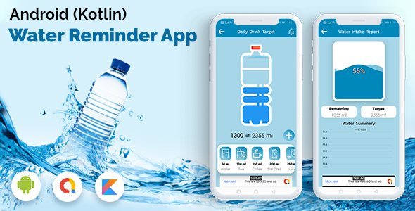 Android Water Reminder - Remind Drink Water (kotlin) (V_2) Unity  Mobile App template