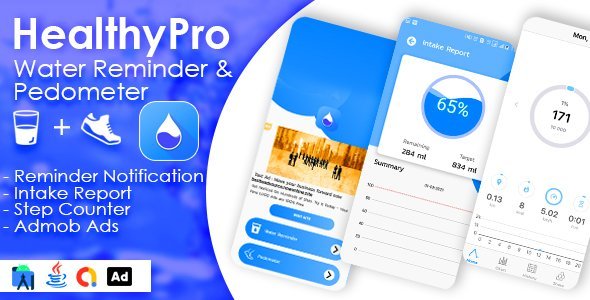 HealthyPro - 2 in 1 Water Reminder + Pedometer with Admob Ads icon