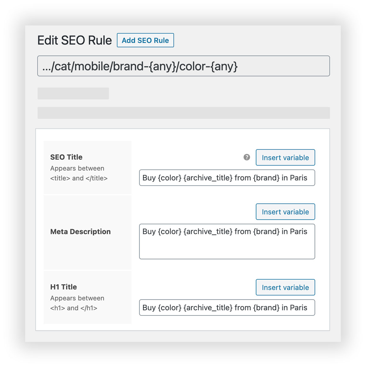 Filter Everything - WooCommerce Product Filter SEO Rule edit screen