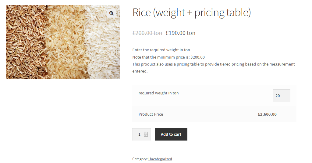 rice weight pricing table