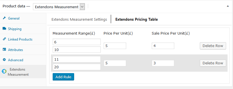 measurement pricing table