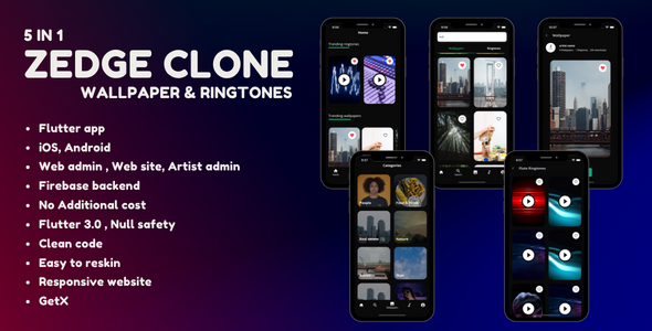 5 in 1- Zedge clone - Wallpaper and Ringtones - Android + iOS + Admin panel + Artist panel + website icon