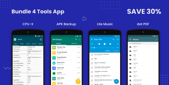 Bundle 4 Android Apps (CPU-X, APK Backup, Lite Music, dotPDF) icon