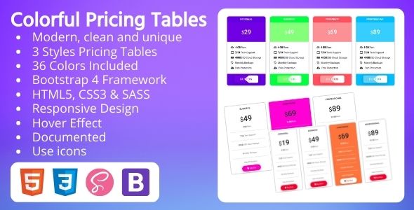 Colorful Pricing Tables – HTML, CSS, SASS & Bootstrap icon