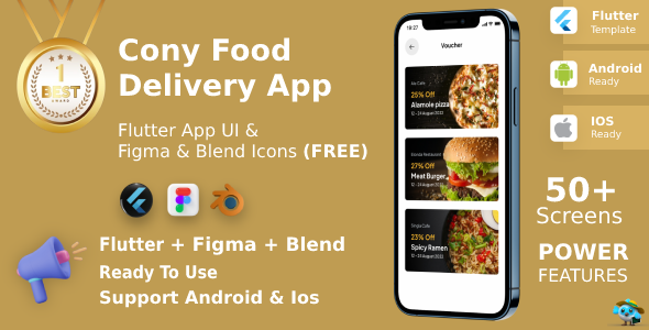 ConyFood ANDROID + IOS + FIGMA | UI Kit | Flutter | Food Delivery App | Free Figma, Blend Icons File icon