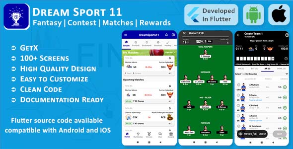 Dream Sports 11 - Fantasy, Contest, Matches, Rewards - Flutter Mobile UI Template/Kit (Android, iOS) Flutter, Ui Elements  Mobile 