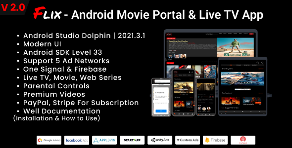 Flix- Android Movie Portal App, Live TV with Subscription System- AdMob, Facebook Also icon