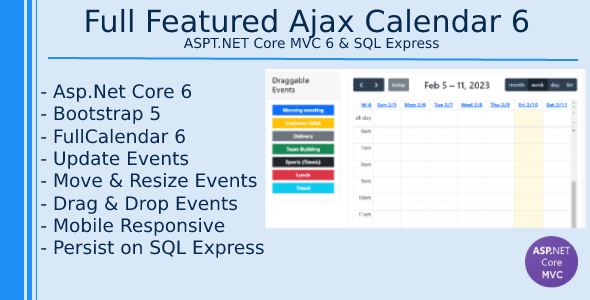 Full Featured Ajax Calendar 6 - ASP.NET Core - SQL Express    