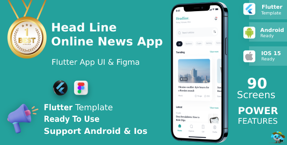 HeadLine App ANDROID + IOS + FIGMA | UI Kit | Flutter | News & Articles App icon