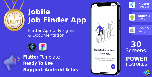 Jobile App ANDROID + IOS + FIGMA | UI Kit | Flutter | Online Job Finder App Flutter  Mobile 