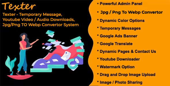 Texter - Temporary Message, Youtube Video / Audio Downloads, Jpg / Png To Webp Convertor System icon