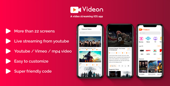 Videon - A video streaming iOS app with admin panel icon