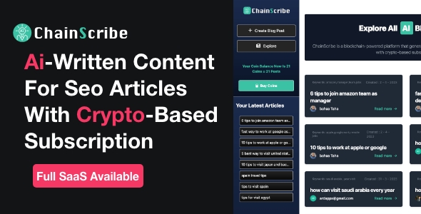 ChainScribe - Full SAAS Open AI SEO Articles with crypto-based subscription Full Theme icon