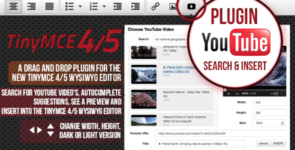 TinyMCE 4 ,5 and 6 plugin Youtube search and insert icon