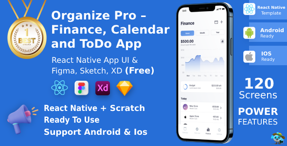Finance, Calendar & ToDo App | React Native | Figma + XD + Sketch FREE | Life Time Update | ORGANIZE icon