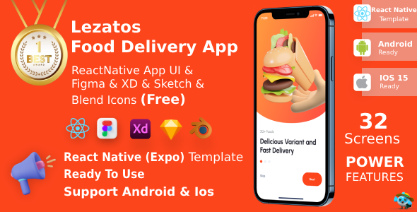 Lezatos ANDROID + IOS + FIGMA + XD + SKETCH + Blend | UI Kit | ReactNative (Expo) | Food Delivery icon