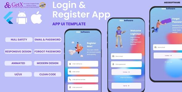 Flutter Animated Login & Register App Template with GetX | Flutter 3.1.x icon