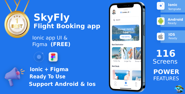 Online Flight & Hotel/Place Booking App | UI Kit | Ionic | Figma FREE | SkyFly icon