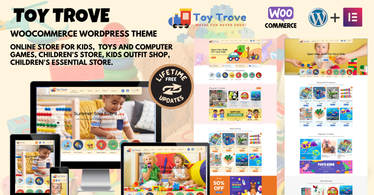 Toy Trove - WooCommerce Elementor WordPress theme for kids' toys, apparel, gift items, and more.