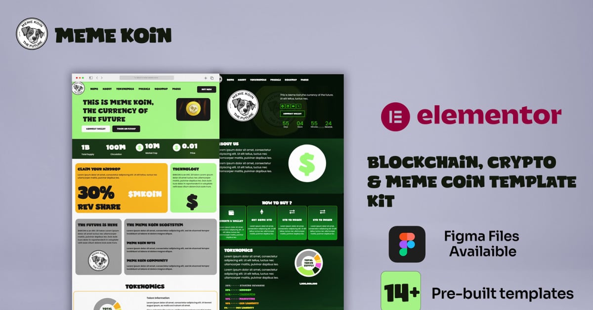 Cryptocurrency Elementor template kit - Meme Koin