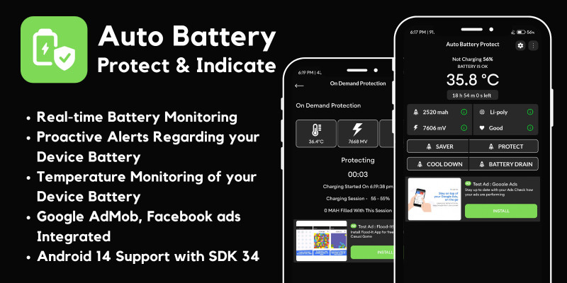 Auto Battery Protect Indicate AdMob Ads Android by MJAppsStudio icon